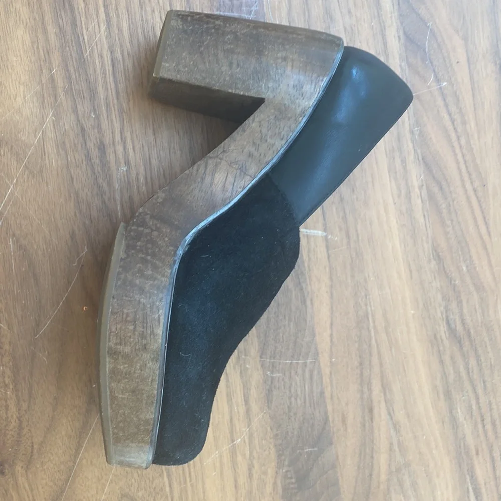 Black Platform Heel Loafers - Women's Chunky Wood Block Heels - Picture 3 of 4